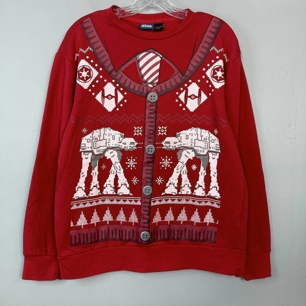 STAR Wars Mens Red Galactic Empire AT-AT Tie Fighter Christmas Sweatshirt Size S